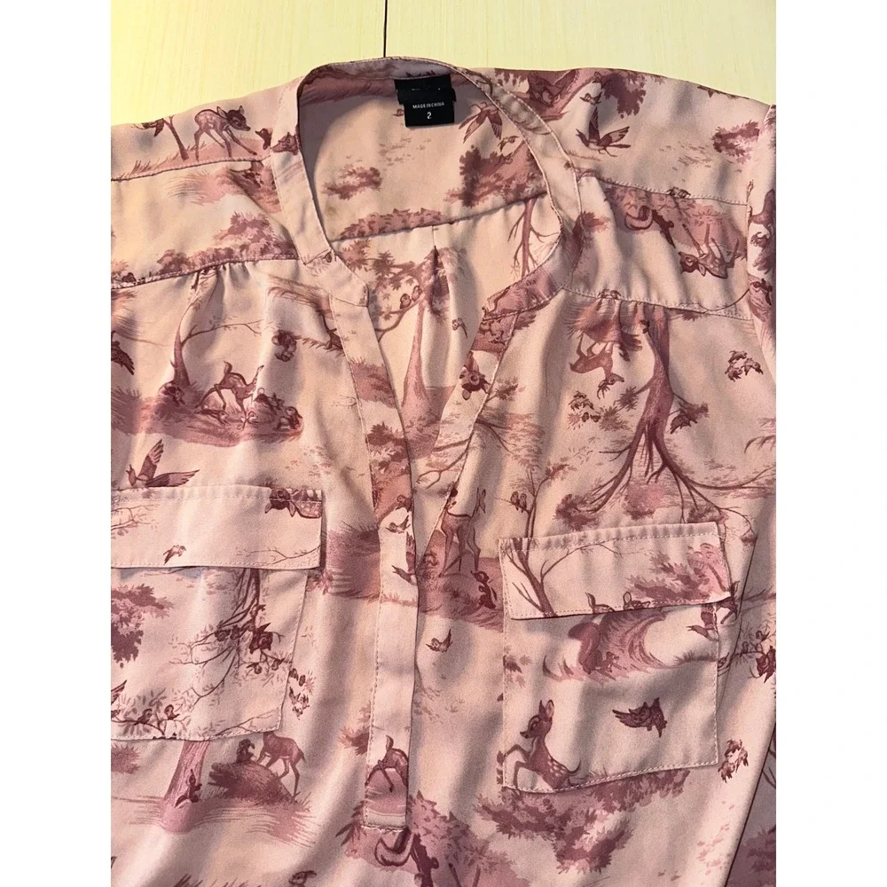 Disney Bambi Toile Print Roll Tab Sleeve Blouse Mauve Pink Plus Size 2